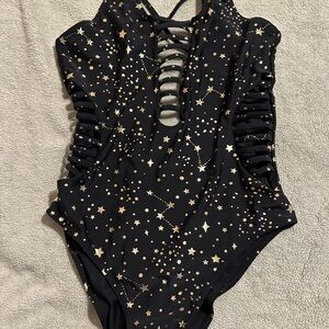 Black & Gold Constellation One-Piece Swimsuit Strappy Cutout Front & Sides